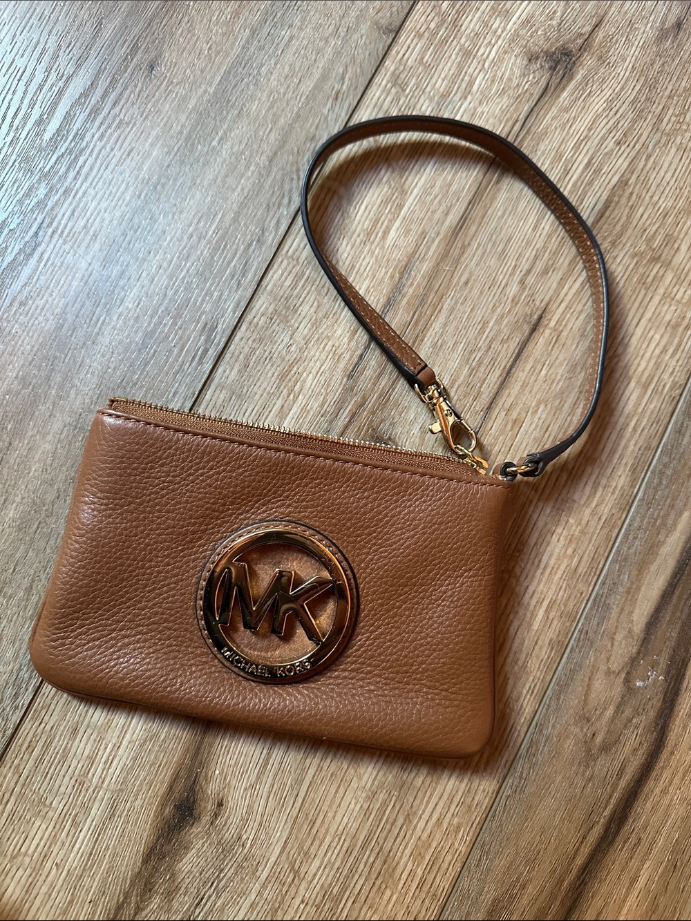 Michael Kors Brown Leather Wristlet Clutch with Gold MK Emblem